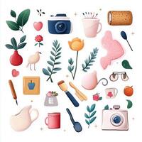Colorful illustration of various objects including plants, kitchenware, and a camera arranged on a background for creative inspiration photo