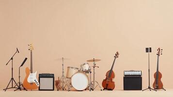 A collection of musical instruments arranged neatly on a beige background, showcasing guitars, a drum set, and string instruments photo