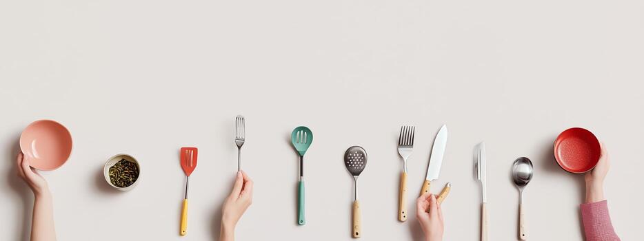 A colorful array of kitchen utensils and bowls neatly arranged on a light surface with hands reaching for them photo