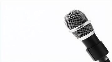 Microphone positioned on a simple backdrop ready for recording or performance in a studio setting photo