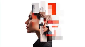 A creative abstract portrait featuring a woman's silhouette filled with urban elements and figures, blending colors and shapes in a modern design photo