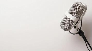 Vintage microphone positioned against a plain background ready for recording in a modern studio environment photo