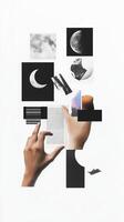 An abstract composition featuring hands holding a book, moon phases, and various geometric shapes in a minimalist style photo