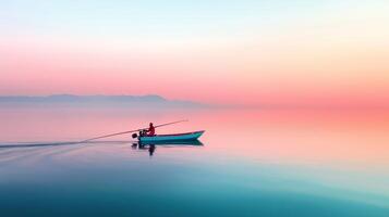A lone fisherman navigates serene waters at dawn, surrounded by pastel-colored skies and distant mountains photo