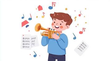 A young boy joyfully playing a trumpet surrounded by colorful musical notes and sheets in a vibrant and creative setting photo