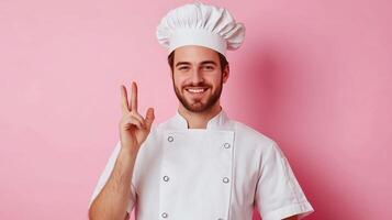 A cheerful chef poses in a white uniform with a hat against a pink background while giving a friendly gesture, highlighting culinary enthusiasm photo