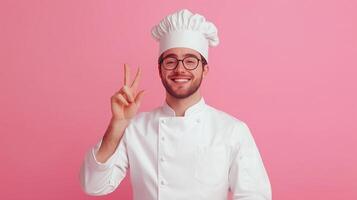 A young chef in a white uniform and hat smiling while making a peace sign against a pink background photo