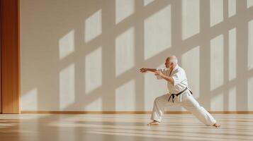 An elderly martial artist demonstrates a kata in a bright dojo during morning sunlight hours photo