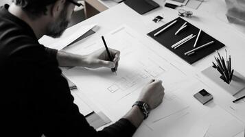 A creative professional sketches architectural plans on a desk filled with drafting tools in a modern workspace environment photo