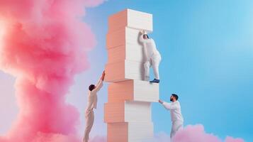 Teamwork and creativity in action as individuals build a towering structure amidst colorful clouds photo