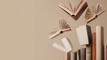 Books appear to float above a stack, creating a whimsical display against a neutral background in a creative art piece photo