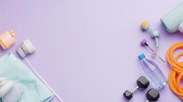 Fitness equipment and accessories arranged on a pastel background for a workout routine, featuring weights, skipping rope, and water bottle photo