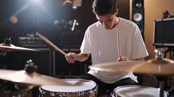 Young musician passionately plays drums in a vibrant studio setting during a recording session photo