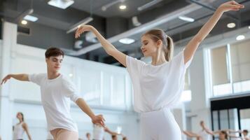 Young dancers practicing in a bright studio during a ballet class focused on technique and movement photo