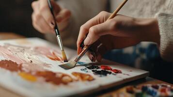 Two artists collaboratively painting on a canvas with vibrant colors during a creative session in a cozy studio photo