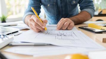 A designer sketches architectural plans at a workspace filled with tools and papers during the daytime photo