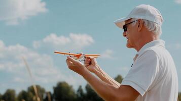 An elderly man enjoys flying a model airplane under a clear sky at a sunny outdoor location, showcasing his passion for aviation photo