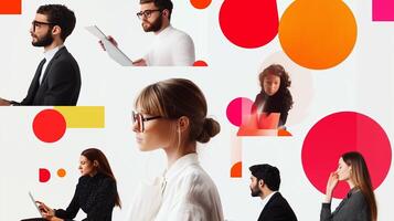 Collaborative workspace showcasing diverse individuals engaged in creative activities during a modern design session photo