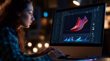 Young woman works on computer graphic design project at night with colorful sneaker model displayed on the screen in a cozy workspace photo