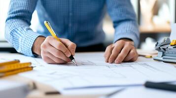 A person sketches architectural plans on paper at a well-lit workspace surrounded by drafting tools photo