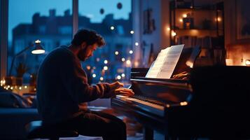 A musician plays a grand piano in a cozy, softly lit room filled with warm ambiance during the evening photo