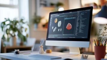 A modern workspace featuring a computer displaying 3D models of minerals alongside plants and office supplies in a well-lit room photo