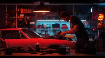 A mechanic works on a classic car in a dimly lit garage filled with tools and equipment during the night photo