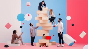 Individuals engaging in a group activity building a tower with large blocks in a colorful studio setting photo