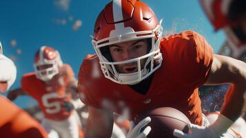 Young football player in orange uniform running with the ball during a competitive game on a bright, sunny day photo