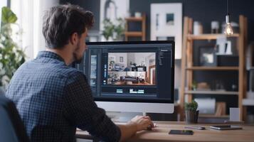Young man editing an interior design project on a large computer screen in a modern workspace during the day photo