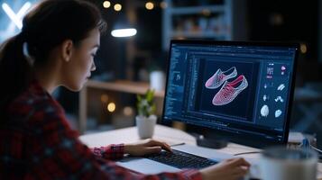 A designer creates 3D shoe models on a computer in a modern workspace during the evening hours photo