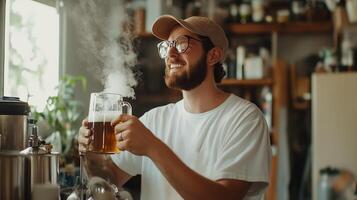 A young man smiles while serving freshly brewed beer in a cozy craft brewery during a sunny afternoon photo