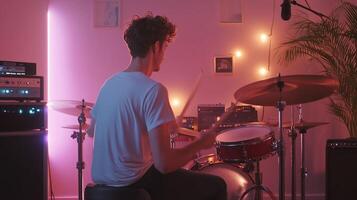Young drummer practicing in a vibrant, pink-lit studio filled with instruments and musical equipment during a late evening session photo