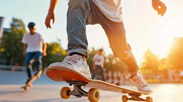 Skateboarders performing tricks at sunset in a city skatepark with friends enjoying an active afternoon photo