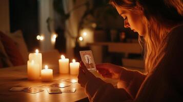 A woman practices tarot reading by candlelight in a cozy indoor setting during the evening photo