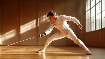 A fencer in action practicing footwork and technique in a brightly lit training hall during a morning session photo