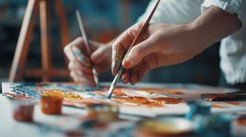 Artist painting colorfully on canvas with brushes in a creative workspace during daylight hours photo