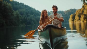 A couple enjoys a leisurely canoe ride on a tranquil lake surrounded by lush green hills during sunset photo