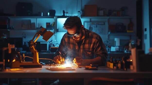 A skilled technician works on intricate designs in a dimly lit workshop, illuminating the space with sparks during a late-night project photo