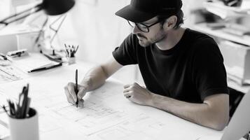 A designer sketches architectural plans in a bright studio filled with creative tools and materials during the day photo