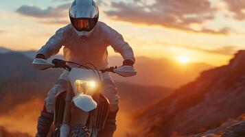 A motocross rider navigating steep terrain at sunset while leaving a trail of dust in the mountainous landscape photo