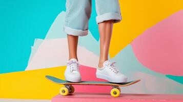 A cool skater demonstrating stylish moves on a colorful skateboard against a vibrant backdrop in a modern urban setting photo