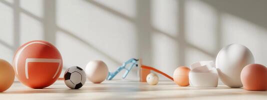 Colorful abstract arrangement of various sports balls and shapes in a well-lit indoor setting during the daytime photo