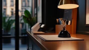 A cozy reception desk in a modern office setting showcasing a desk bell, stationery, and plants during the golden hour photo