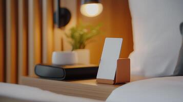 A cozy hotel room's bedside table with a blank smartphone and a small potted plant during evening hours photo