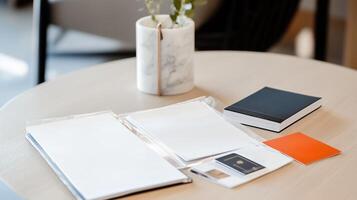 A modern workspace setup featuring organized stationery, a notebook, and a decorative plant on a minimalist table during daylight hours photo