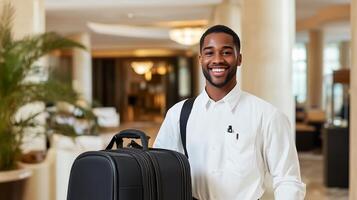 A smiling hotel staff member greeting guests while holding a suitcase in a luxurious lobby photo