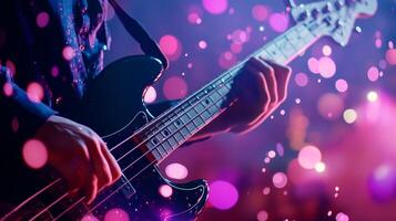 A musician plays a black bass guitar with colorful bokeh lights in the background during a live performance at night photo