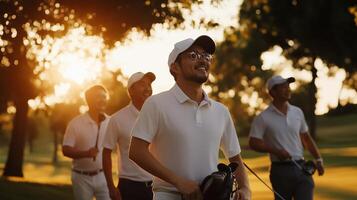 A group of friends enjoying a sunset walk on the golf course after a round of play in the late afternoon hours photo