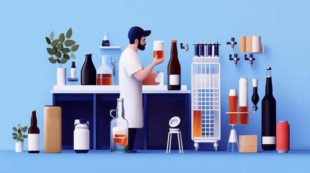 A crafty bartender prepares unique craft beverages in a bright, modern workshop setting with various bottles and tools in view photo